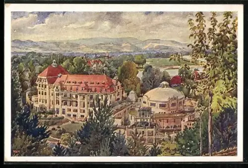 Künstler-AK Piestany, Palac. Thermia, lazne Irma v pozadi hotel Royal a stare Piestany