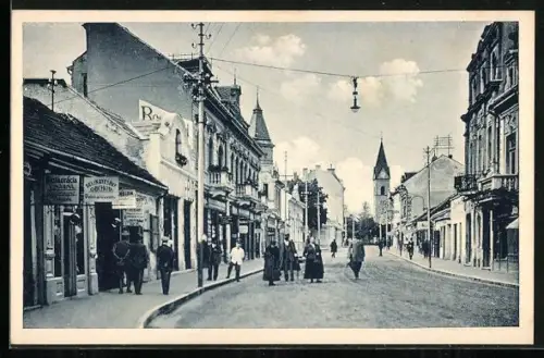 AK Kupele Trenc. Teplice, Masaryk-gasse, Restaurcia Vinarna, Kirche, und weiter Geschäfte