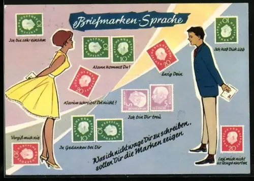 AK Briefmarkensprache mit Mann und Frau mit Briefen hinter den Rücken