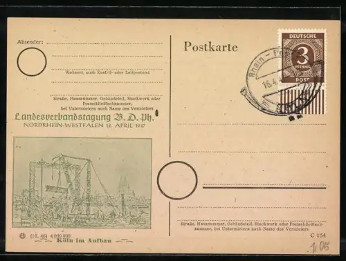 Künstler-AK Köln, Kräne bei Aufbauarbeiten in der Stadt