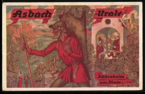 Künstler-AK Rüdesheim am Rhein, Werbung für Asbach-Uralt