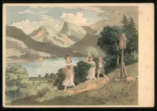 Künstler-AK Ludwig Richter: Alpenlandschaft mit See
