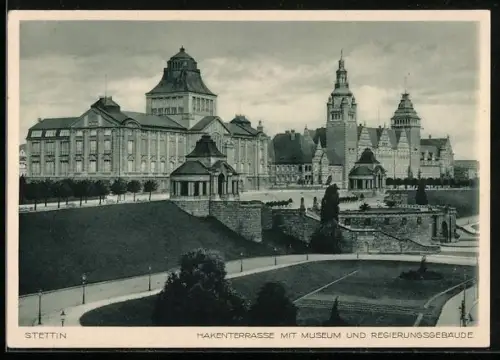 AK Stettin, Hakenterrasse mit Museum und Regierungsgebäude