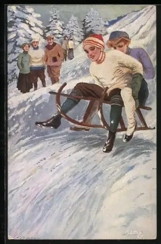 AK Rodelsport, junge Damen auf Schlitten