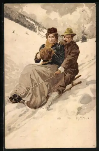 Künstler-AK sign. R. Mahn: Liebespaar rodelt mit dem Bergschlittem im Winter