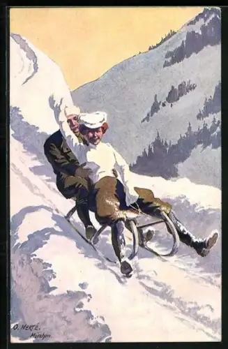 Künstler-AK O.Merte: Mann und Frau auf einem Schlitten einem Berg hinunterrodelnd