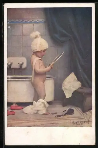 Künstler-AK F. J. Ostermann: Morgentoilette, kleines Kind im Badezimmer