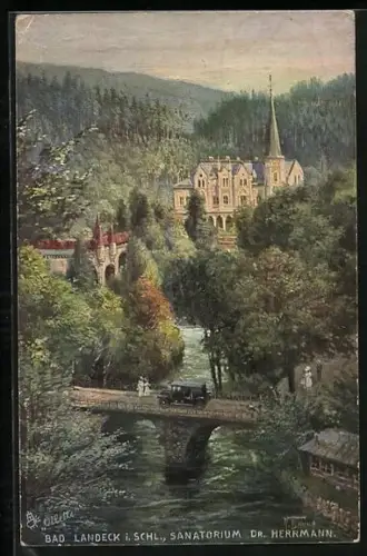 Künstler-AK Bad Landeck i. Schl., das Sanatorium Dr. Herrmann