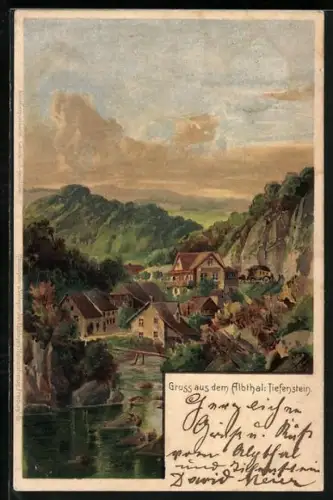 Lithographie Tiefenstein / Albthal, Ortsansicht