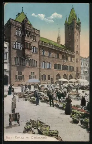 AK Basel, Rathaus mit Wochenmarkt