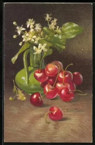 Künstler-AK Clara von Sivers: Lecker reife Kirschen vor einer Vase