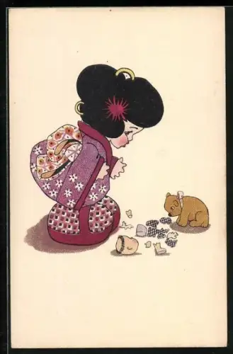 Künstler-AK Kleine Japanerin und Teddy vor einer zerstörten Puppe