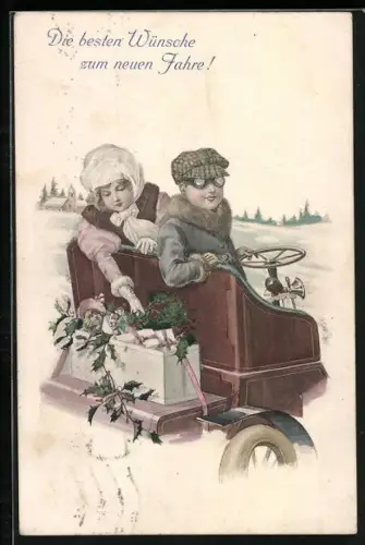 Künstler-AK Kinder im Auto mit Geschenken