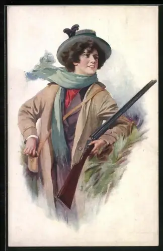 Künstler-AK Jägerin mit Gewehr im Grünen