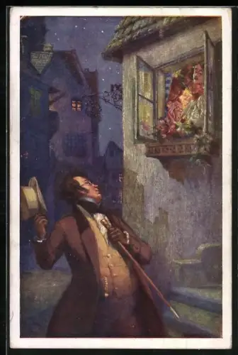 Künstler-AK A. Karpellus: Das Dreimäderlhaus, Singspiel v. Heinrich Berté, Franz Schubert grüsst die Mädchen am Fenster
