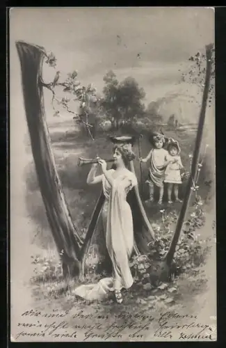 Foto-AK NPG NR: 195, Buchstabe W, Frau bläst die Schalmei