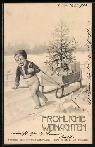Künstler-AK Theo Zasche: Fröhliche Weihnachten, Putte mit Schlitten