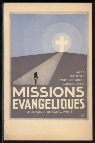 AK Missions Evangeliques, Mann auf dem Weg zum Kreuz