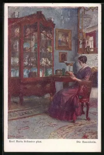 Künstler-AK Karl Maria Schuster: Die Sammlerin vor ihrer Vitrine