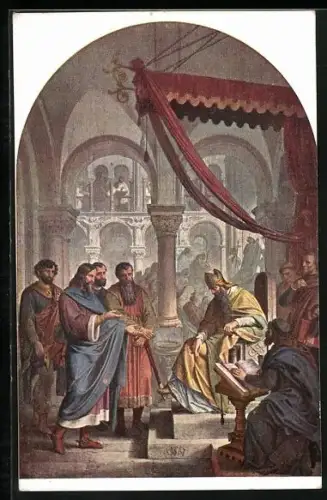 AK München, Kgl. Residenz, Nibelungenlied-Freskogemälde, Meister Konrad erhält den Schreibauftrag