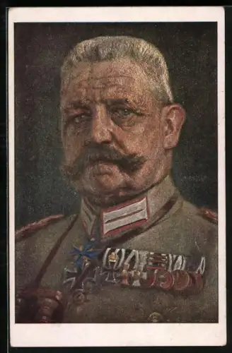 Künstler-AK Generalfeldmarschall von Hindenburg, Portrait mit Ordenspange