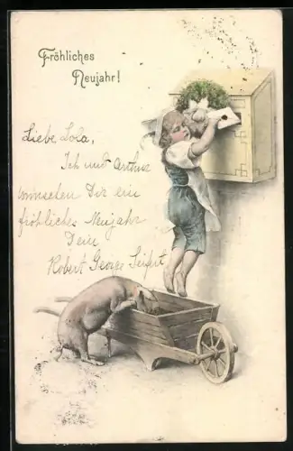AK Kind mit Schwein und Karren wirft einen Brief in den Briefkasten