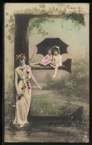 AK Buchstabe E als Baum, Maid mit Blumen und Kinder mit Regenschirm