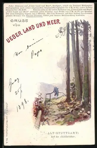 Lithographie Stuttgart, Alt-Stuttgart, Auf der Schillerhöhe, Karte des Unterhaltungsblattes Ueber Land und Meer