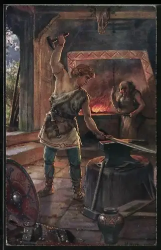 Künstler-AK Heinrich Hoffmann: Nibelungen: Wie Siegfried jung war, zu Mime, dem Schmied, in die Lehre kam...