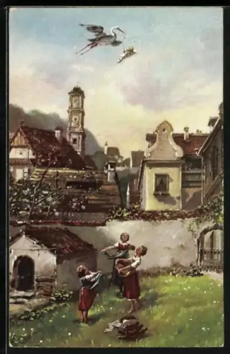 Künstler-AK Carl Spitzweg: Der Klapperstorch, Baby