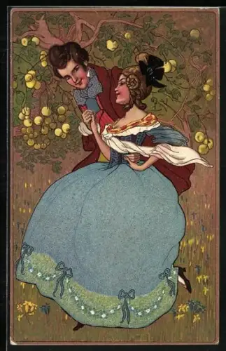 Lithographie Liebespaar unter Apfelbaum, Biedermeier
