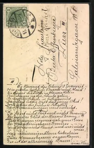 Lithographie Liebespaar unter Apfelbaum, Biedermeier