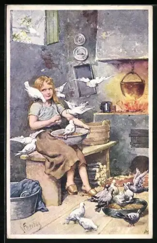 AK Aschenbrödel füttert Tauben