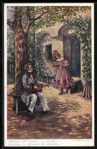 Künstler-AK Franz Schubert, auf dem Hof mit seiner Hannele