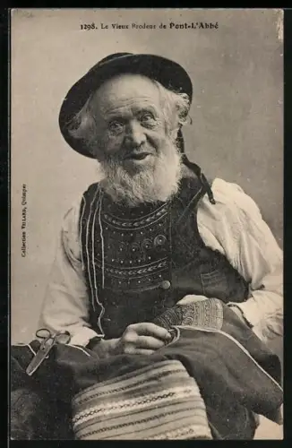 AK Le Vieux Brodeur de Pont-l`Abbé, Greiser Sticker bei der Arbeit