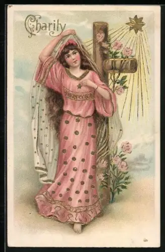 Präge-AK Charity, Allegorische Frauenfigur mit Holzkreuz, strahlender Stern