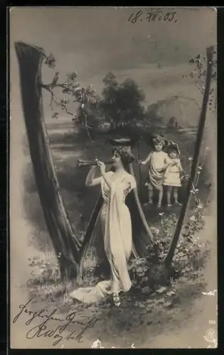 Foto-AK NPG NR: 195, Buchstabe W, Frau bläst die Schalmei