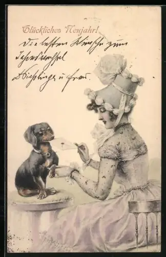 AK Fräulen mit Kuvert und Dackel