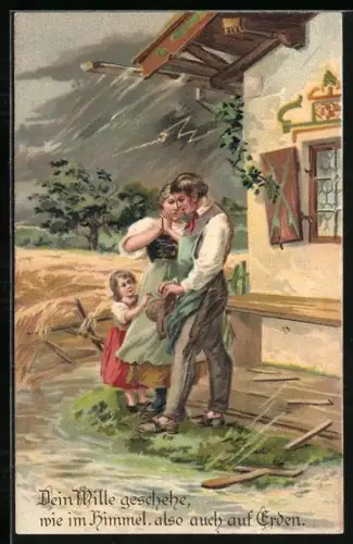 AK Que votre volonté, Paar mit kleiner Tochter vor Haus im Sturm, Religion