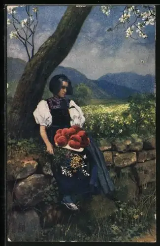 Künstler-AK H. Hoffmann: Frau in Tracht mit Bollenhut in der Hand