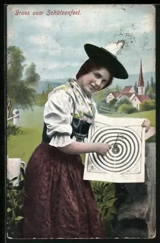 AK Gruss vom Schützenfest, Dame in Tracht mit Zielscheibe