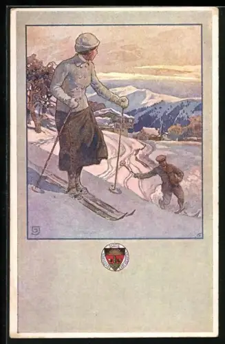 AK Deutscher Schulverein Nr. 266: Frau auf Skiern, Wappen des Deutschen Schulvereins