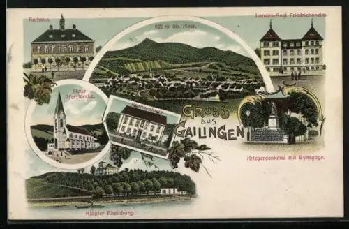 Lithographie Gailingen, Synagoge, Rathaus, Landes-Asyl Friedrichsheim, Kloster Rheinburg, Krankenhaus