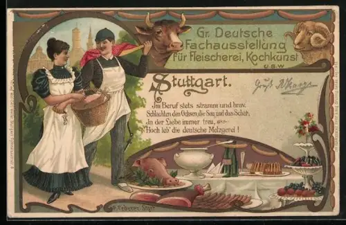 Lithographie Stuttgart, Fachausstellung f. Fleischerei u. Kochkunst, Festtafel, Fleischergeselle, Schwein, Rind
