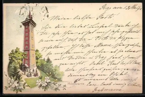 Vorläufer-Lithographie Hilmwarte, 1893, Besucher vor der Warte