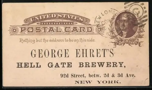 Vorläufer-AK New London, 1886, CT, Correspondence to George Ehret`s Hell Gate Brewery