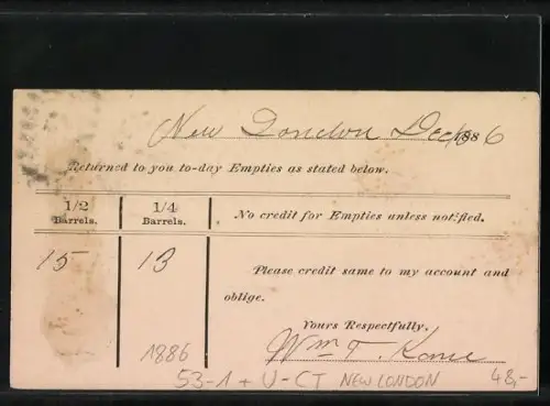Vorläufer-AK New London, 1886, CT, Correspondence to George Ehret`s Hell Gate Brewery