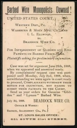 Vorläufer-AK St. Louis, 1888, MO, Advertisement for Braddock Wire Co.