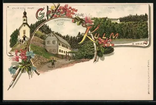 Lithographie Weiz, Gastwirtschaft am Kulm, Kirche a. d. Kulm