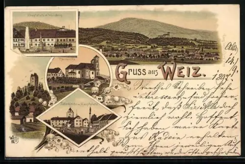 Lithographie Weiz, Taborkirche, Hauptplatz, Pfarrkirche, Ortsansicht
